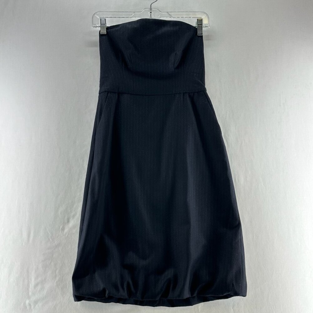 Club Monaco Pinstriped Strapless Bubble Mini Dress Size 2 Wool Blend Dark Blue